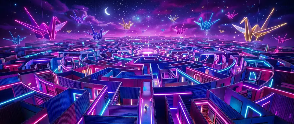 A dazzling 3D paper-craft maze receding into the distance with an origami fox